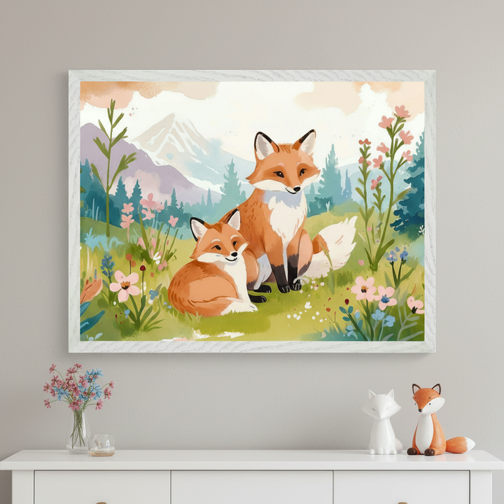 Modern child's room with a white dresser. A large white-framed watercolor print of an adult fox and a cub in a flowery meadow with mountains hangs above it. A vase with flowers and fox figurines are on the dresser.