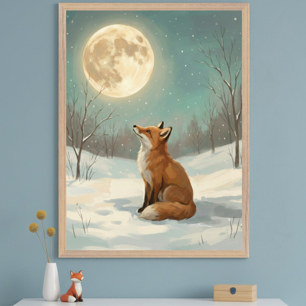 Modern room with a light blue wall and a white shelf below. A large framed painting of an orange fox sitting in a snowy forest, looking up at a full moon with falling snow, hangs above the shelf. A white vase with yellow flowers, a fox figurine, and a wooden box are on the shelf.
