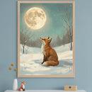 Modern room with a light blue wall and a white shelf below. A large framed painting of an orange fox sitting in a snowy forest, looking up at a full moon with falling snow, hangs above the shelf. A white vase with yellow flowers, a fox figurine, and a wooden box are on the shelf.