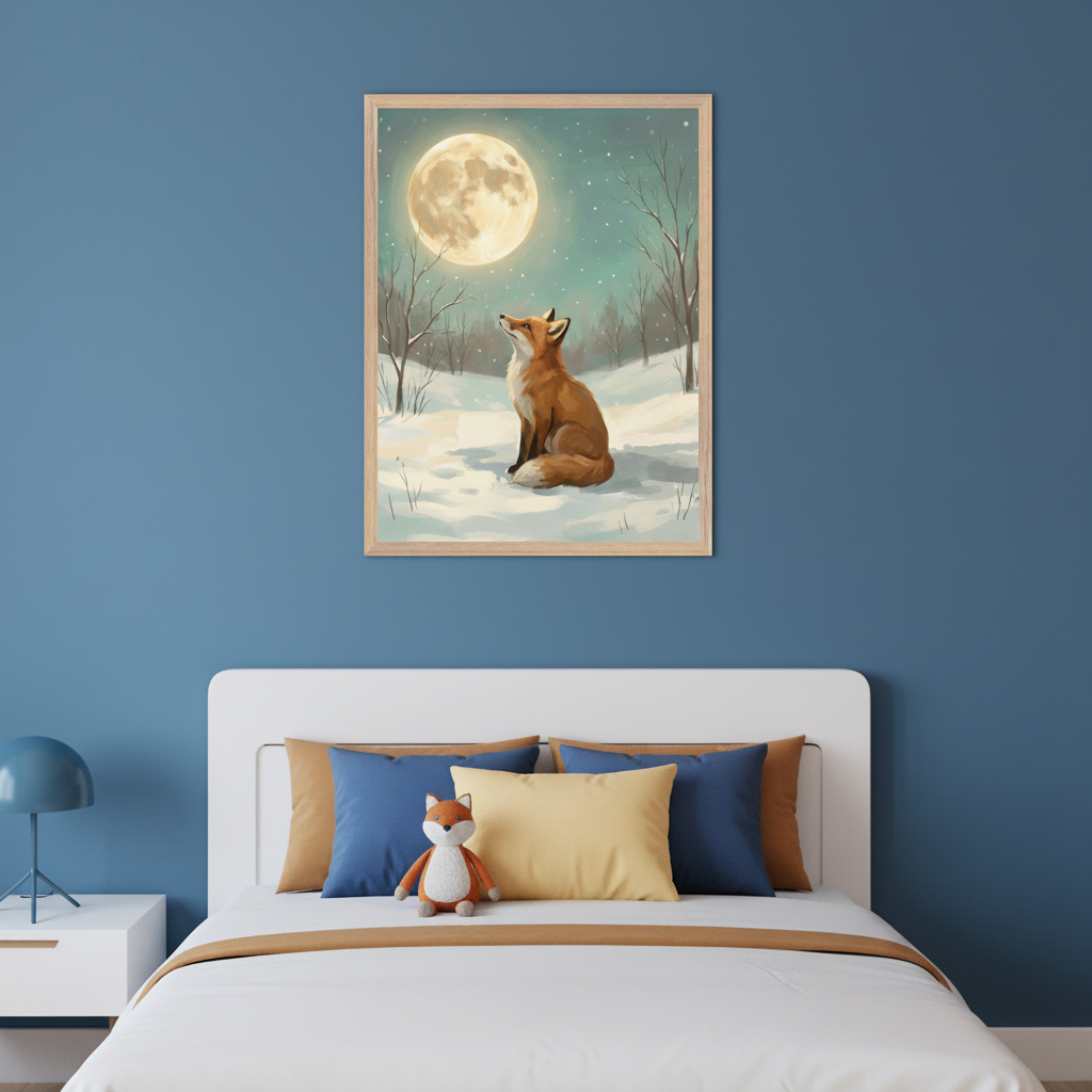 Modern bedroom with a white bed and blue wall. A framed painting of a fox gazing at a full moon in a snowy forest hangs centered above the bed. The bed has blue and yellow pillows and a fox plush toy. A white nightstand with a blue lamp is to the left.