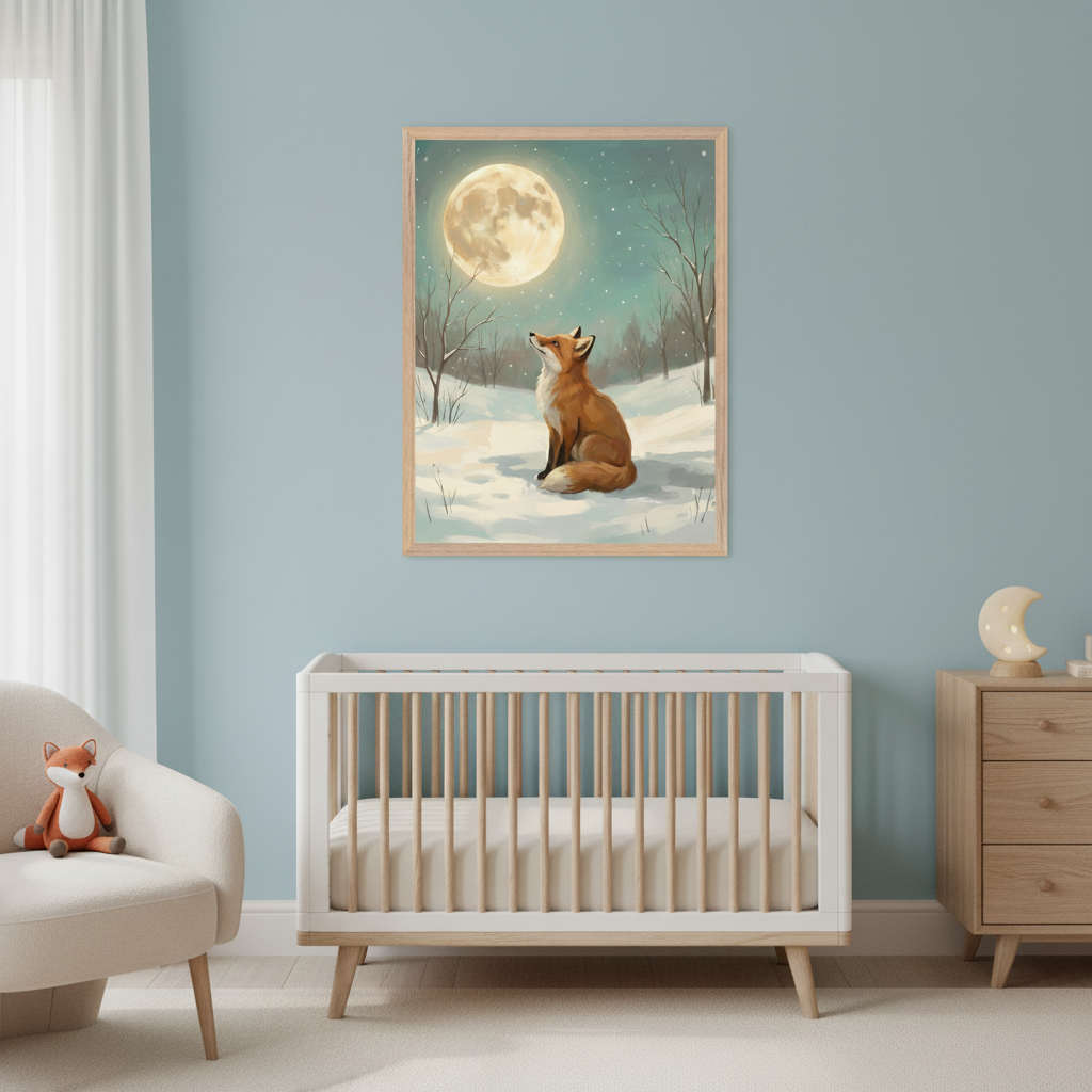 Modern nursery with light blue walls. A framed painting of a fox in a snowy landscape under a full moon hangs above a white and wood crib. A beige armchair with a stuffed fox is on the left, and a wooden dresser with a moon nightlight is on the right.