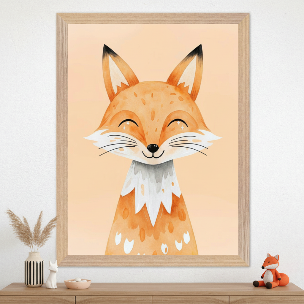 Modern kid's room with a light wood dresser. A framed watercolor print of a smiling, cute orange and white fox hangs centered above the dresser. The dresser holds a striped vase with dried grass, a white cat figurine, a small bowl, and a fox plush toy.