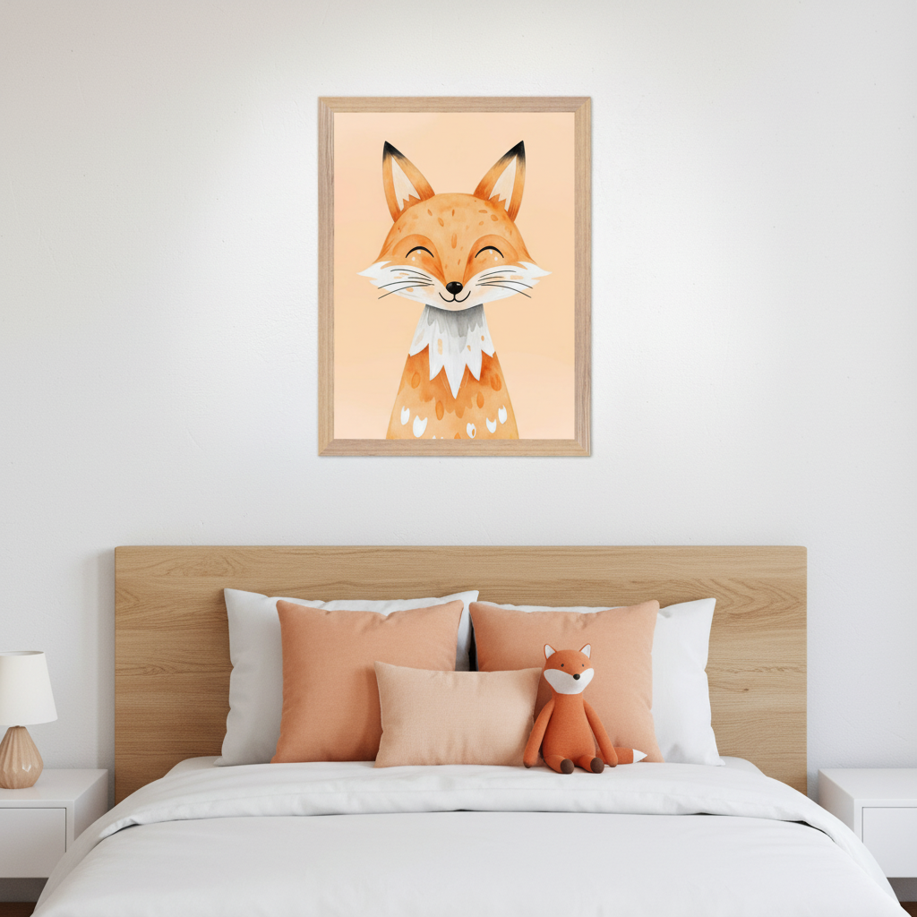 Modern bedroom with a light wood headboard bed. Centered above the bed on a white wall is a framed watercolor-style illustration of a smiling fox on a peach background. The bed has peach pillows and a fox plush toy.