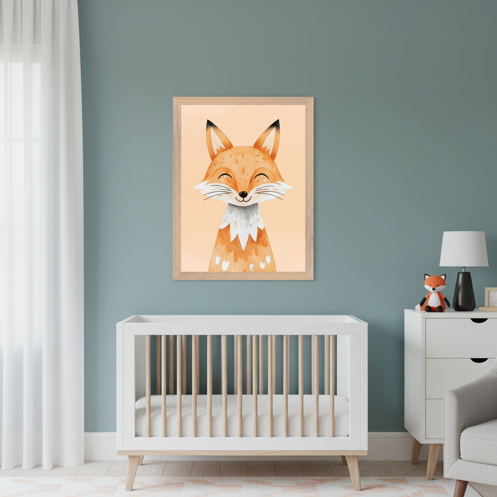 Modern nursery with a teal wall. A large framed print of a smiling cartoon fox hangs above a white crib. A white dresser with a lamp and fox plushie is to the right, and a gray armchair is partially visible.
