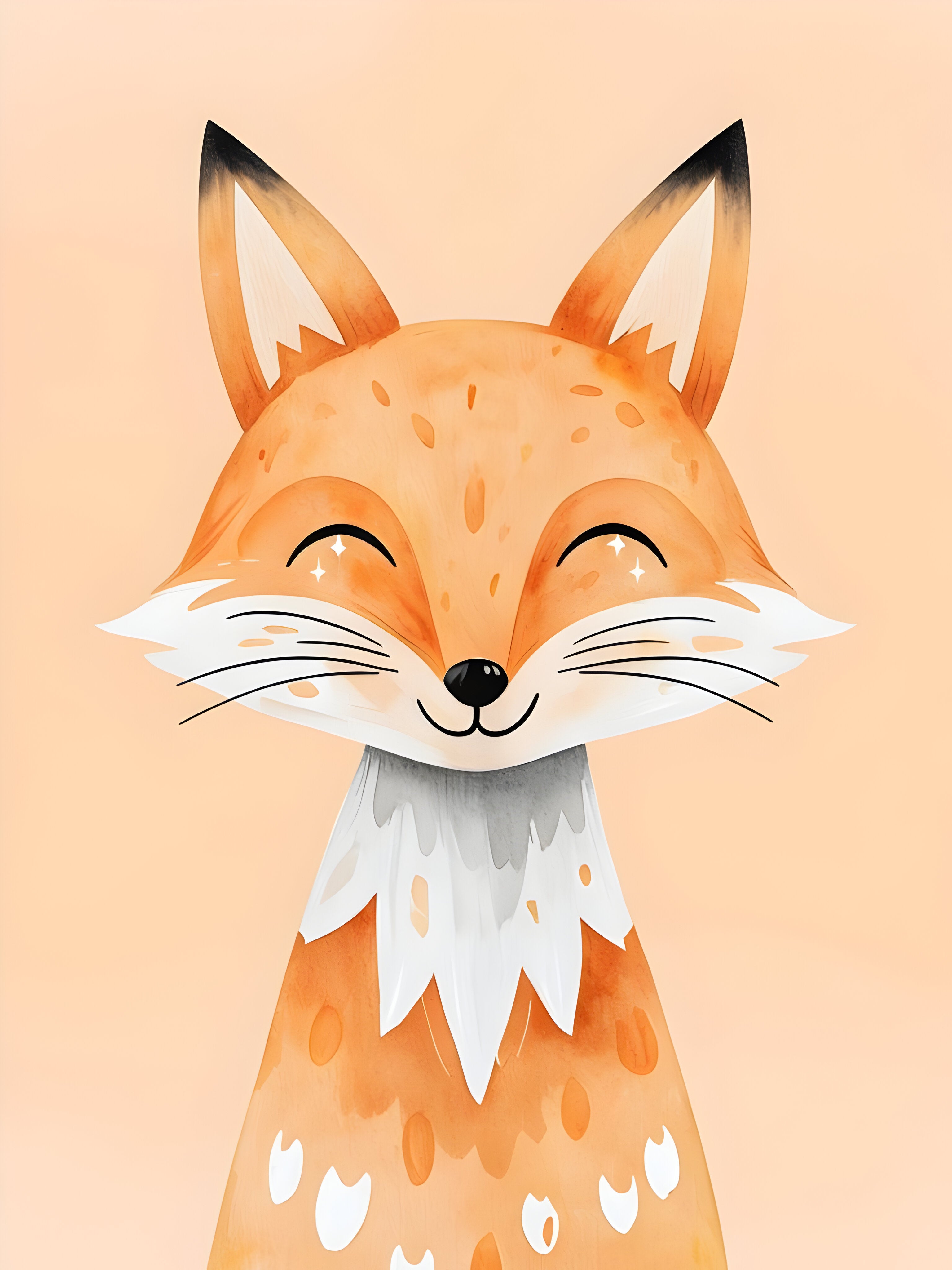 A cute, cartoon fox with a cheerful expression, featuring sparkling eyes and a wide smile. The fox has orange fur with white accents on its face and chest, and its ears are tipped with black. The background is a soft peach color.