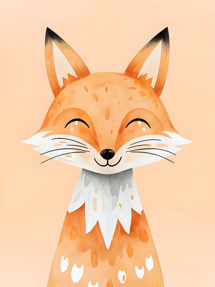 A cute, cartoon fox with a cheerful expression, featuring sparkling eyes and a wide smile. The fox has orange fur with white accents on its face and chest, and its ears are tipped with black. The background is a soft peach color.