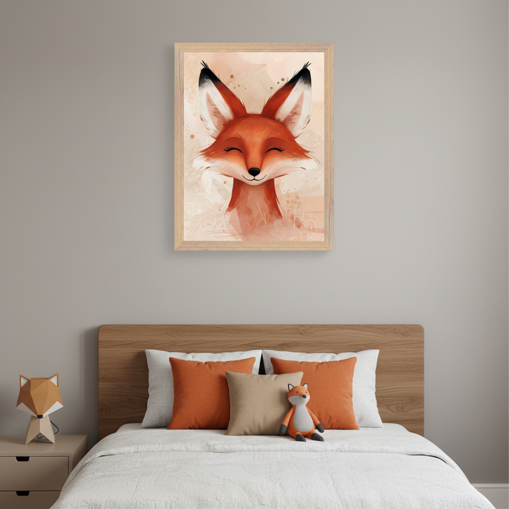 Kid's bedroom with a wooden headboard bed and a nightstand. A framed watercolor portrait of a sleeping fox hangs centered above the bed. The bed features white bedding, orange/beige pillows, and a fox plush, while a geometric fox lamp sits on the nightstand.