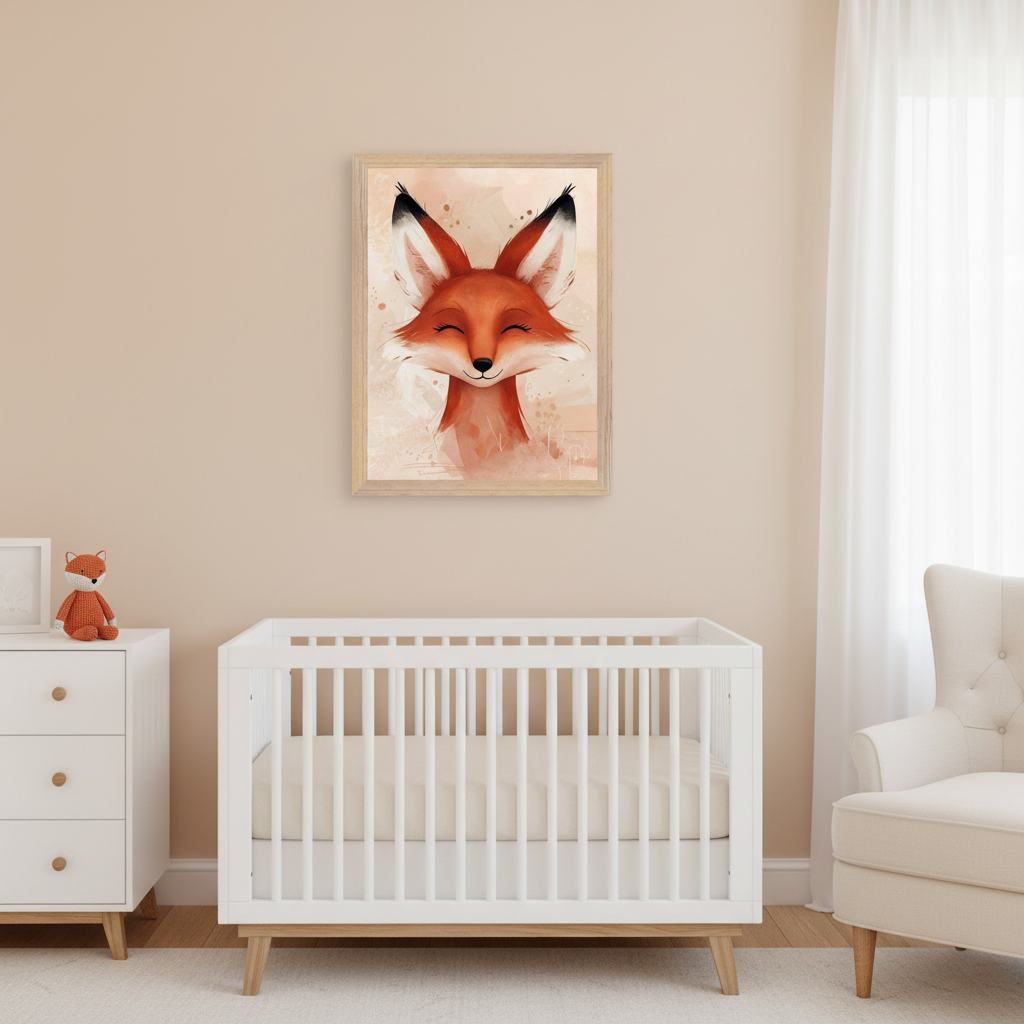 Modern nursery with light beige walls. A framed watercolor-style portrait of a smiling fox with closed eyes hangs above a white wooden crib. A white dresser is to the left, and a white upholstered armchair to the right.