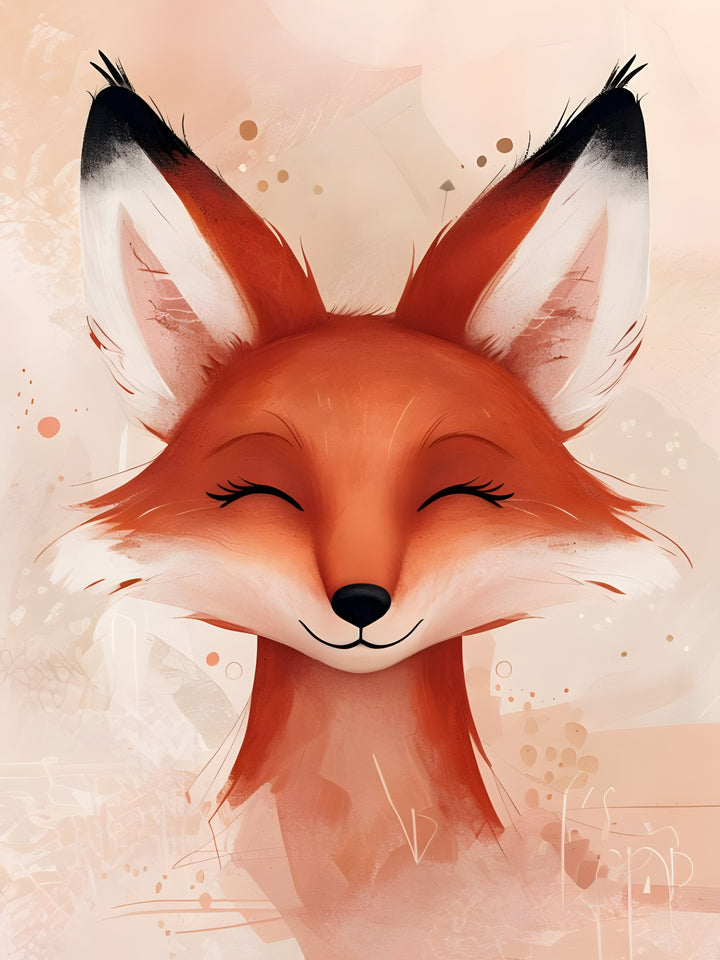 A charming illustration of a smiling fox with closed eyes, featuring vivid orange fur and large ears tipped with black and white. The background is a soft blend of pastel hues, adding a whimsical touch.