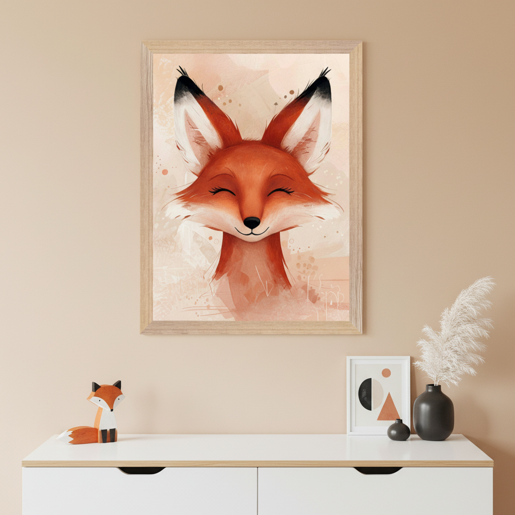 Modern kid's room with a white dresser. Above it, a framed watercolor illustration of a happy fox with closed eyes hangs. A wooden fox figurine, abstract art, and pampas grass in a black vase decorate the dresser.