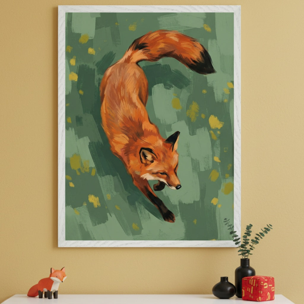 Modern room with a mustard yellow wall. A large framed painting of an orange fox pouncing against a green, brushstroke background hangs above a white shelf. A fox figurine and small vases are on the shelf.