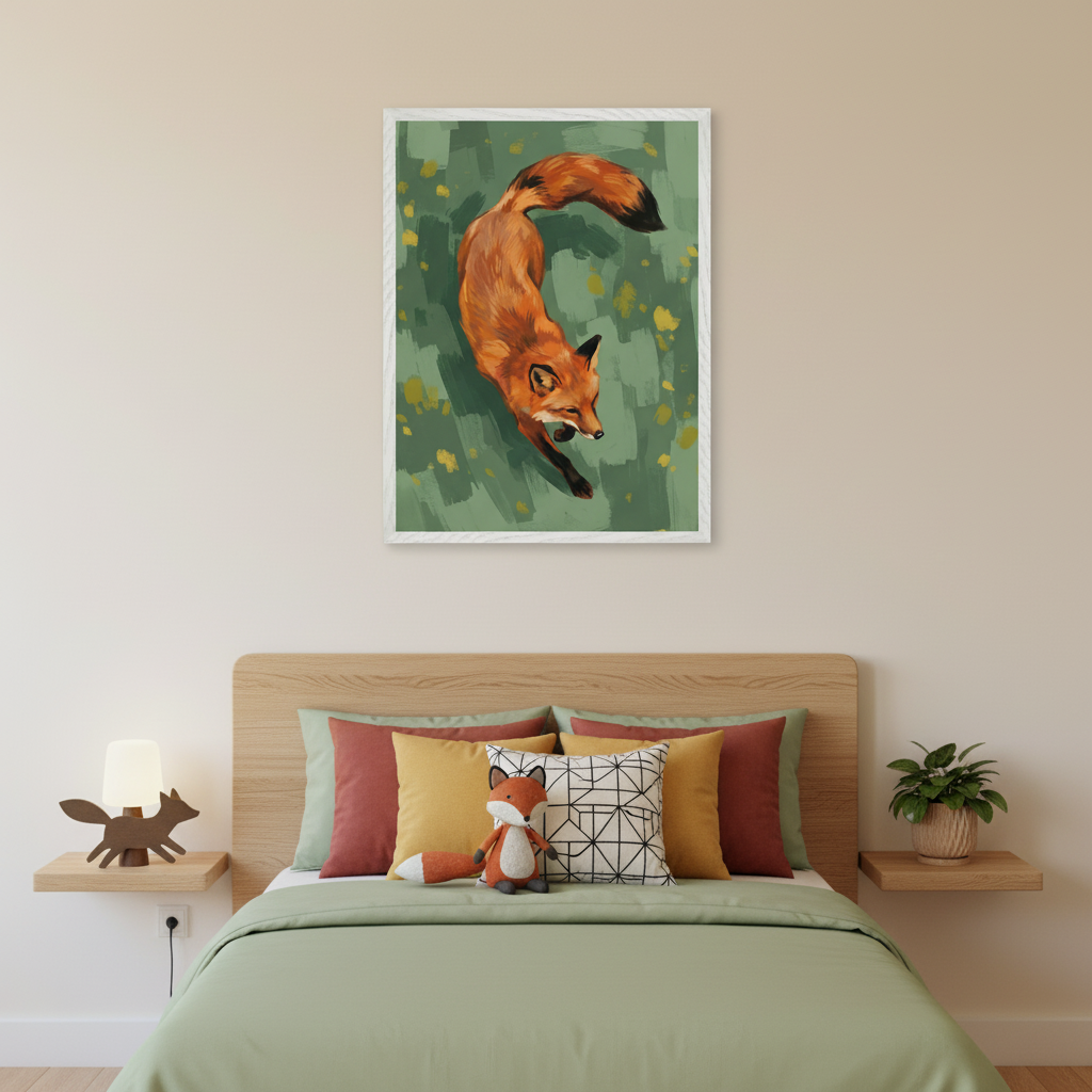 Modern bedroom with a wooden bed, green duvet, and colorful pillows. A framed painting of an orange fox running on a green, brushstroke background with yellow splotches hangs centered above the bed. A fox-shaped lamp and a plush fox toy are also visible.