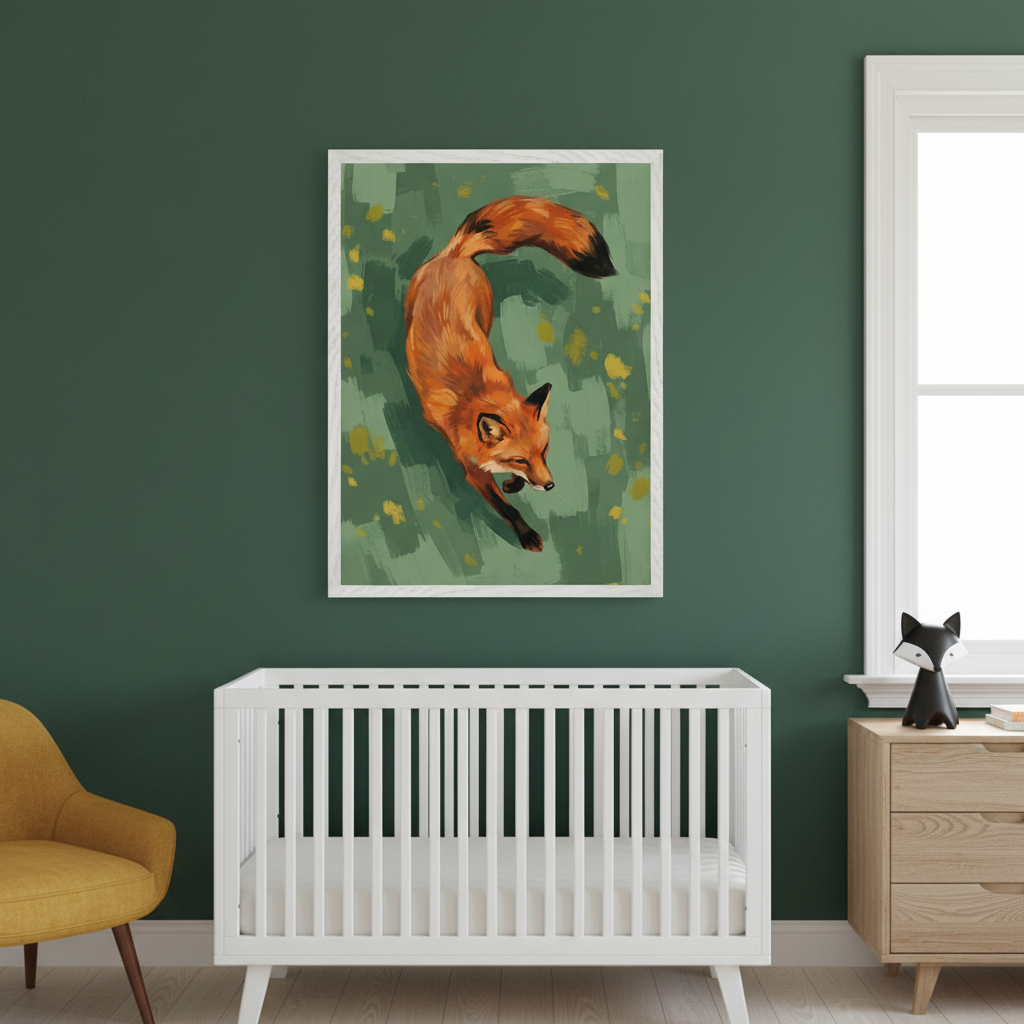 Modern nursery with dark green walls. A white framed painting of an orange fox running on a green and yellow brushstroke background hangs centered above a white crib. A yellow armchair is to the left, and a wooden dresser to the right.