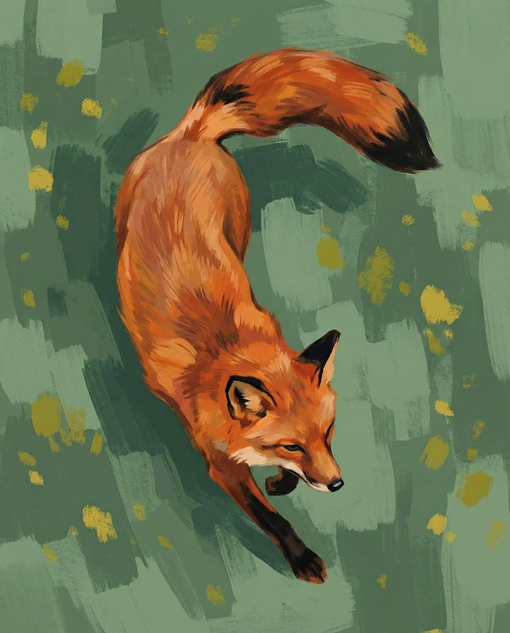 A painted red fox moves stealthily across a mottled green background with scattered golden brush strokes. Its focused eyes and flowing tail add a sense of curiosity and quiet motion.
