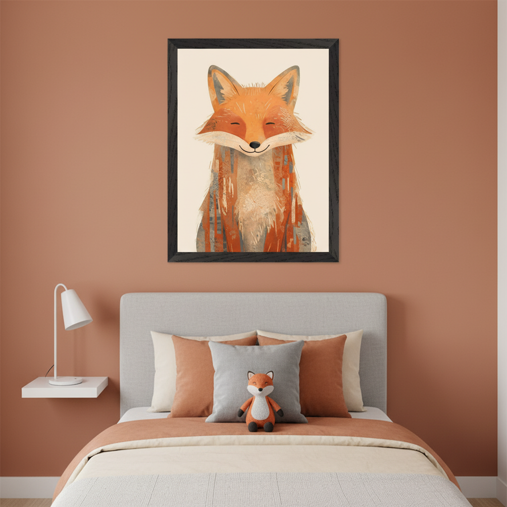 Kid's bedroom with terracotta walls. A large framed illustration of a smiling, stylized fox hangs above a light gray upholstered bed with matching pillows. A small fox plush sits on the bed, and a white floating nightstand with a lamp is to the left.