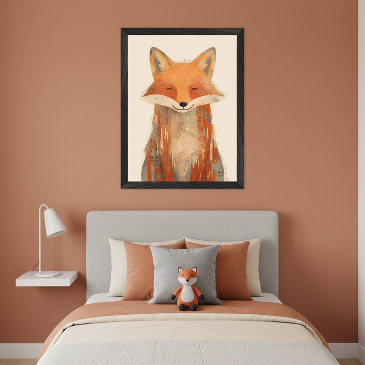 Kid's bedroom with terracotta walls. A large framed illustration of a smiling, stylized fox hangs above a light gray upholstered bed with matching pillows. A small fox plush sits on the bed, and a white floating nightstand with a lamp is to the left.