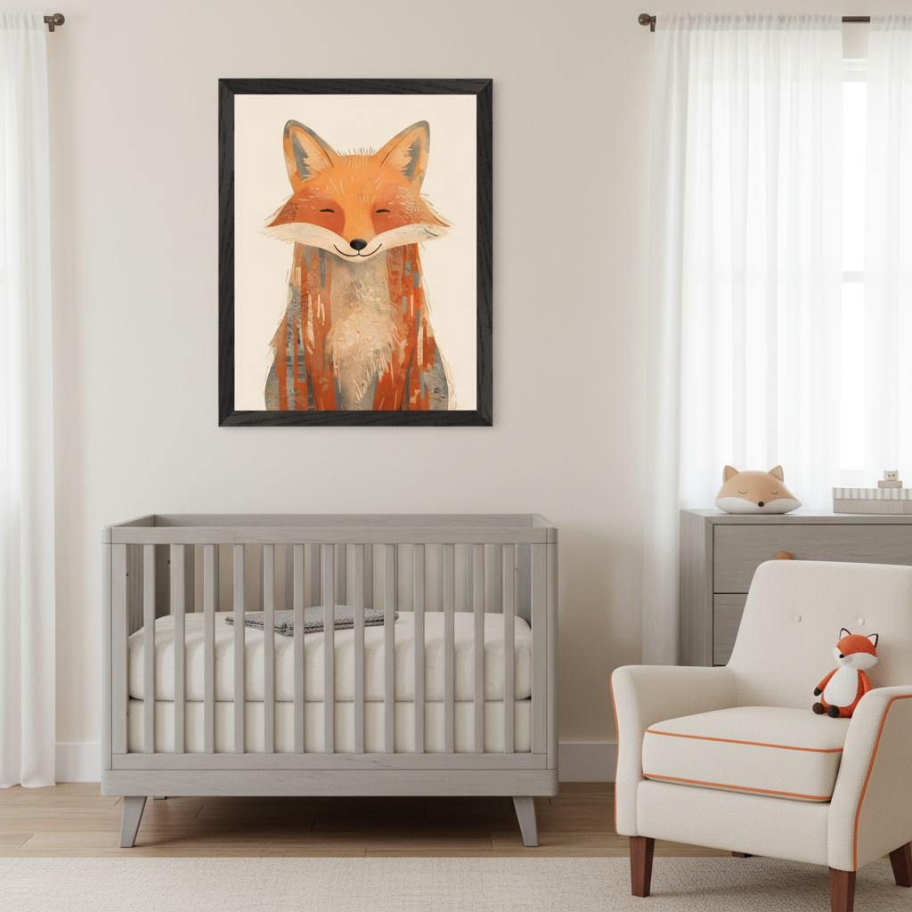 Modern nursery with a gray crib, dresser, and white armchair. A large framed abstract painting of a smiling orange fox hangs centered above the crib. A fox-shaped pillow is on the dresser.