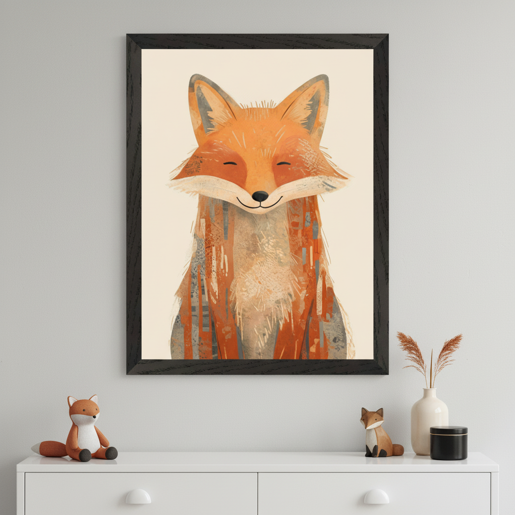 Modern kid's room with a white dresser. A black-framed print of a smiling, textured fox illustration hangs centered above the dresser. Plush and wooden fox figures, a vase, and a black jar are on the dresser.