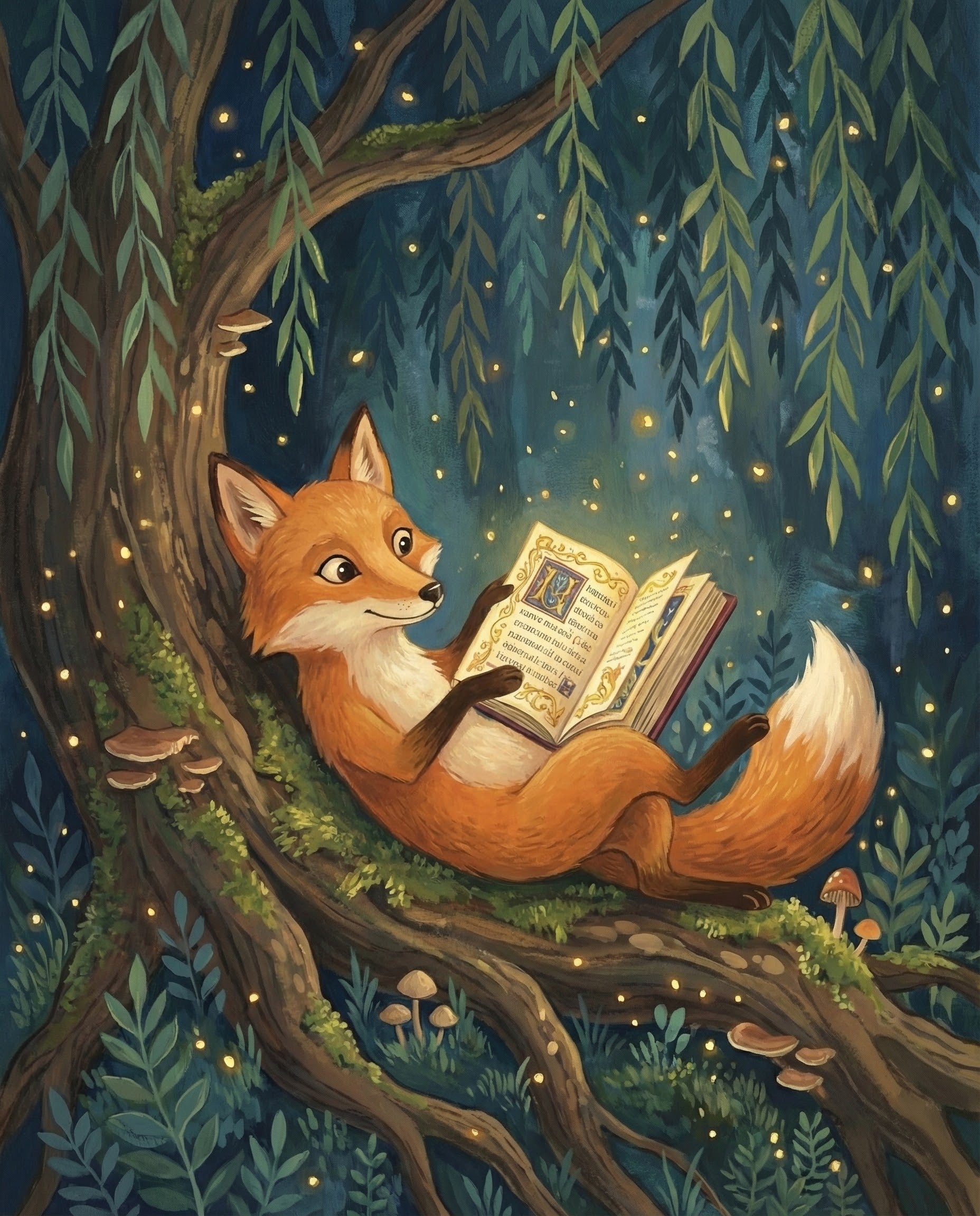 Cute fox lying against the roots of a tree under hanging willow branches while reading an illuminated book in a magical forest filled with fireflies, designed as enchanting wall art for children's rooms.