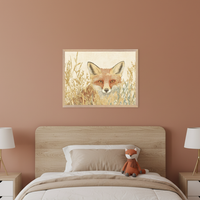 Modern kid's bedroom with a wooden bed. A framed illustration of a fox peeking through golden grass hangs above the bed on a terracotta wall. Two nightstands with lamps flank the bed, and a fox plush toy sits on the bed.