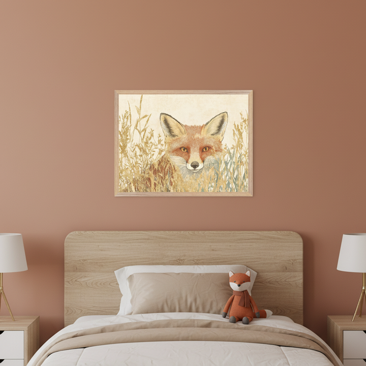 Modern kid's bedroom with a wooden bed. A framed illustration of a fox peeking through golden grass hangs above the bed on a terracotta wall. Two nightstands with lamps flank the bed, and a fox plush toy sits on the bed.