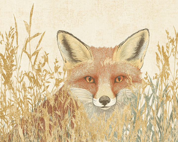 An illustration of a fox peering through tall, golden grasses, with its vivid orange eyes and pointed ears prominently visible against a textured, beige background.