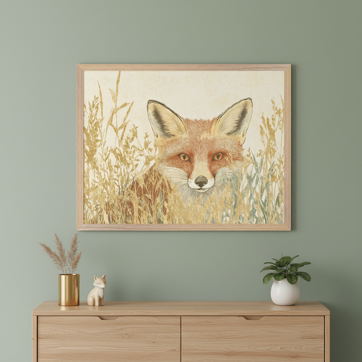 Modern room with a sage green wall and a light wooden dresser. A framed illustration of a fox emerging from golden grass hangs centered above the dresser. A gold vase, ceramic fox, and plant are on the dresser.