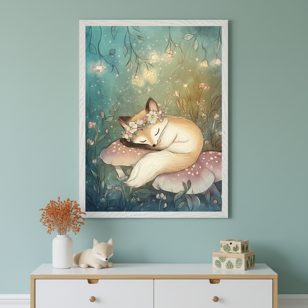 Modern child's room with light teal walls. A framed print of a sleeping fox with a flower crown on mushrooms in a magical forest hangs above a white and wood dresser. Decor includes a vase with dried flowers, a fox figurine, and patterned boxes.