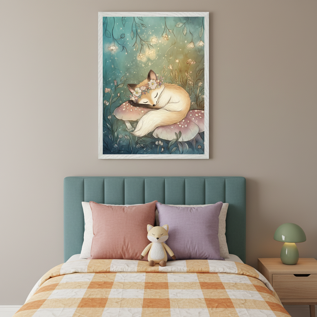 Kid's bedroom with a teal upholstered bed, orange checkered duvet, and salmon pink and lavender pillows. A fox plush toy is on the bed, and a green mushroom lamp sits on a wooden nightstand. Centered above the bed hangs a framed illustration of a sleeping fox wearing a floral crown, resting on spotted mushrooms in a whimsical forest.