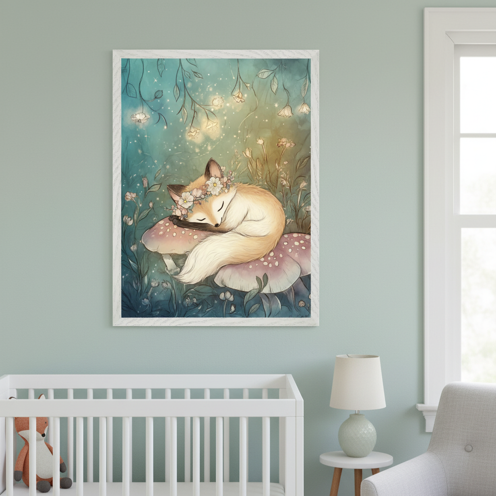 Modern nursery with light green walls. A large framed watercolor of a sleeping fox with a floral crown on pink spotted mushrooms hangs above a white crib. A side table with a lamp and a gray armchair are to the right.