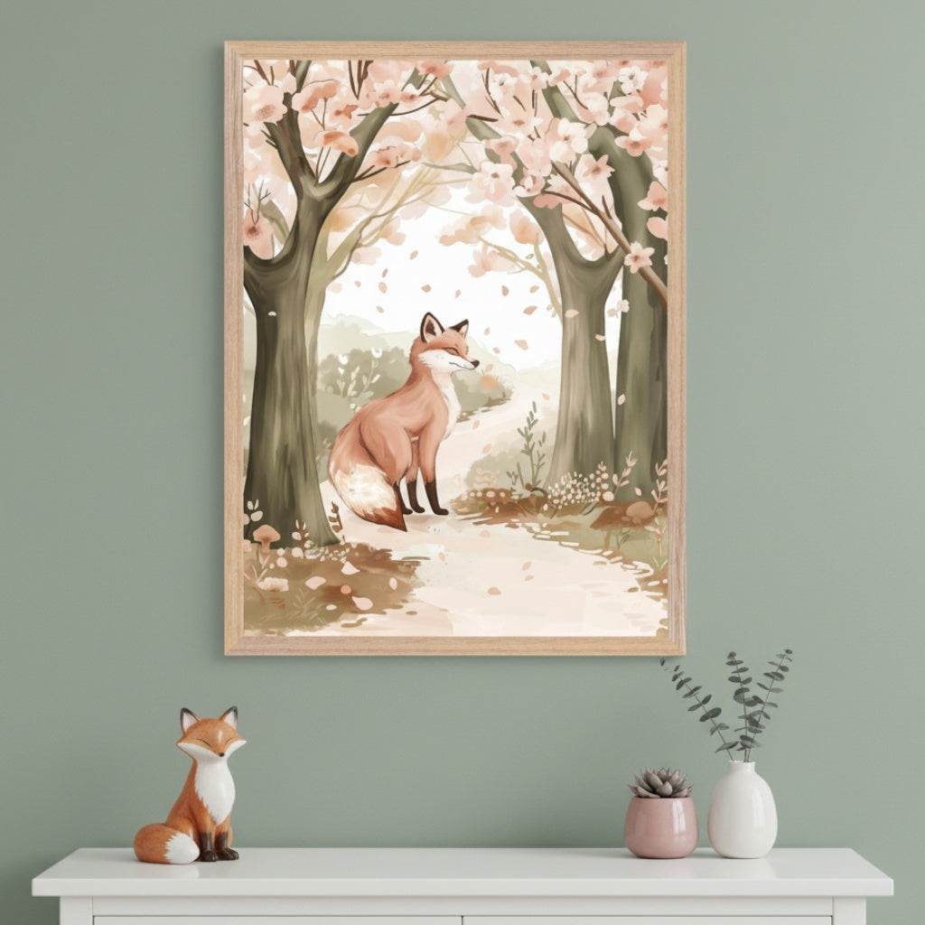 Modern room with a sage green wall and white dresser. A framed watercolor illustration of a reddish-brown fox on a path in a blooming spring forest hangs centered above the dresser.