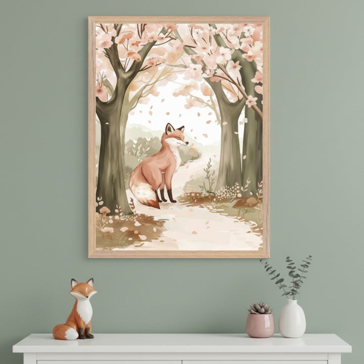 Modern room with a sage green wall and white dresser. A framed watercolor illustration of a reddish-brown fox on a path in a blooming spring forest hangs centered above the dresser.