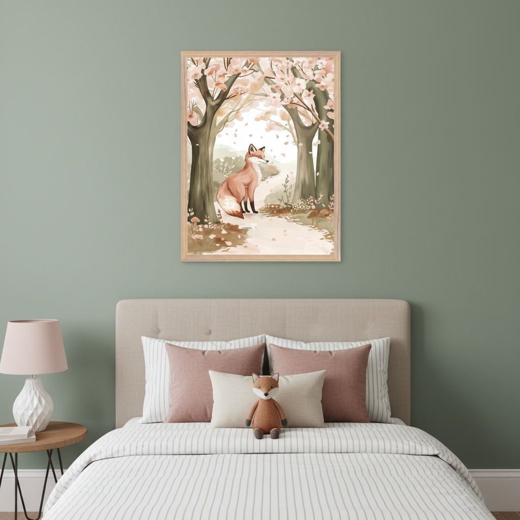 Kid's bedroom with a bed and a small side table. A framed watercolor painting of a fox sitting on a path in a cherry blossom forest hangs centered above the bed's headboard.