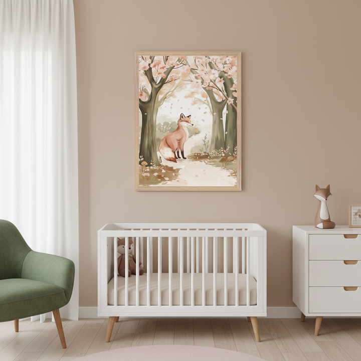 Modern nursery with a white crib, white dresser, and green armchair. A framed illustration of a fox sitting on a forest path with cherry blossoms hangs above the crib.