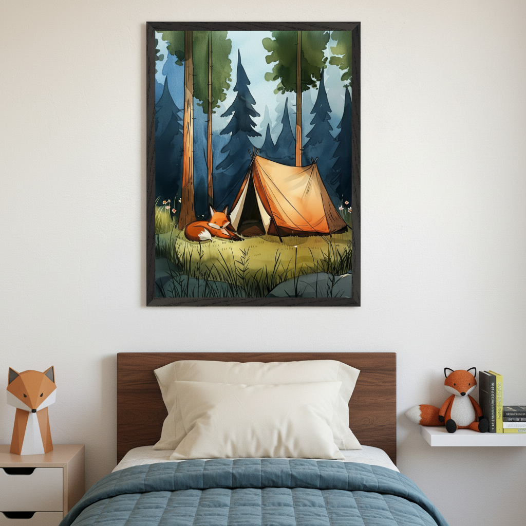 Kid's bedroom with a bed featuring a wooden headboard and blue quilt. A nightstand is on the left, and a floating shelf with a plush fox on the right. A large framed watercolor-style illustration of a fox sleeping by an orange tent in a forest hangs centered above the bed.