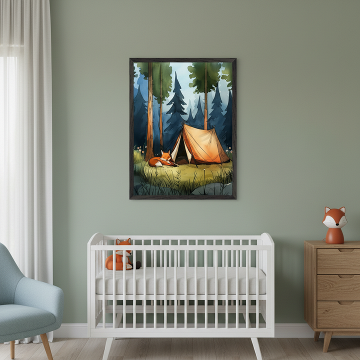Modern nursery with a white crib, light blue armchair, and wooden dresser against a light green wall. A framed art print depicting a sleeping fox by an orange tent in a forest, in a watercolor style, hangs centered above the crib. Fox figurines are also visible.