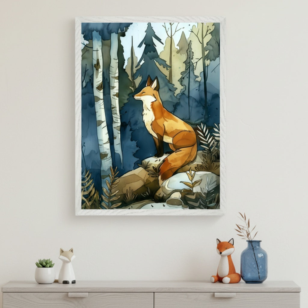 Modern living space with a light gray dresser. A framed watercolor illustration of an orange fox sitting on rocks in a blue-toned forest with birch trees hangs centered above the dresser. Decorative items are on the dresser.