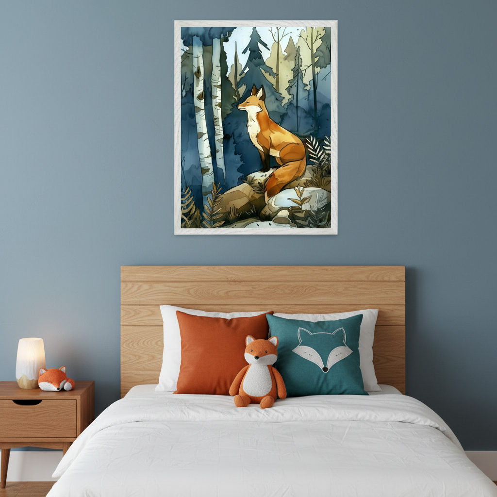 Kid's bedroom featuring a wooden bed with orange and teal fox-themed pillows. A large framed watercolor-style painting of an orange fox sitting on rocks in a blue forest hangs centered above the headboard. A fox plush toy is on the bed, and a fox figurine is on the nearby nightstand.