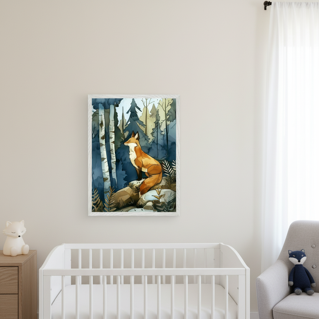 Modern nursery with a white crib, a wooden dresser on the left, and a gray armchair on the right. A framed watercolor print of a fox sitting on rocks in a birch tree forest hangs centrally above the crib.