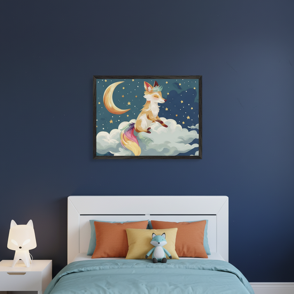 Kid's bedroom with a white bed and a white fox lamp on a nightstand. A framed cartoon print of a colorful fox on clouds with a crescent moon and stars hangs centered above the bed against a dark blue wall.