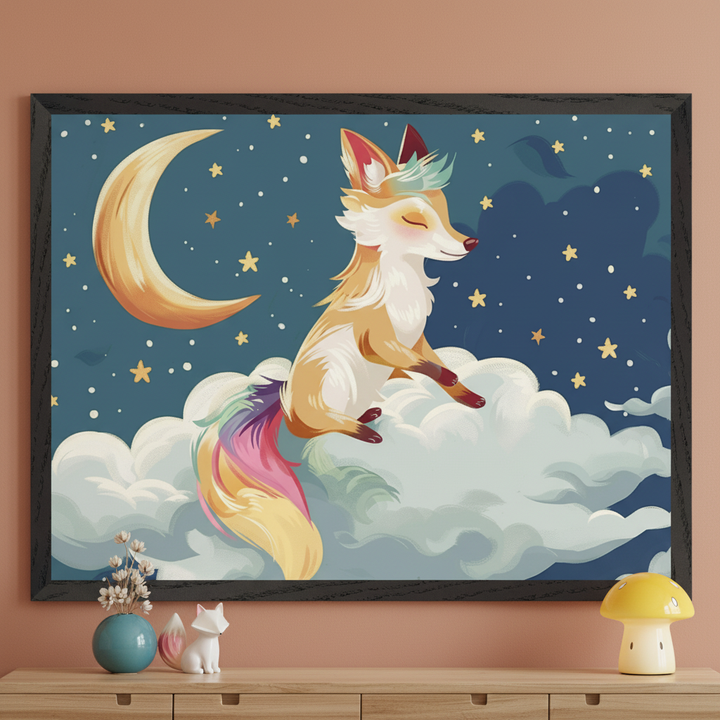 Framed artwork of a whimsical fox with a rainbow-colored tail and teal tuft of fur, peacefully sitting on a fluffy cloud under a starry night sky with a golden crescent moon. The illustration has a dreamy, storybook style and hangs on a peach-colored wall above a wooden dresser with playful decor including a ceramic fox and mushroom lamp.