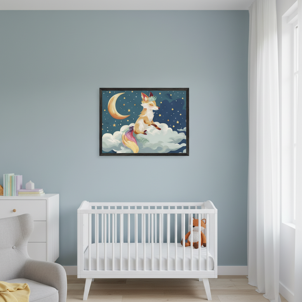 Modern nursery with a white crib, dresser, and grey armchair. A framed illustration of a fox with a colorful tail on a cloud under a crescent moon and stars hangs above the crib.