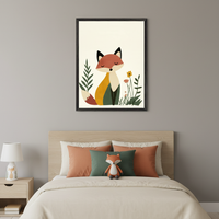 Modern kid's bedroom with a light wood bed and nightstand. A black-framed illustration of a stylized fox in earth tones, surrounded by simple plants and a flower, hangs centered above the bed. A matching fox lamp and plush toy are visible.