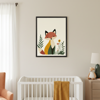 Modern nursery with a white crib, an orange armchair, and a light wood dresser. A black-framed poster of a stylized fox in warm earth tones among plants and flowers hangs centered above the white crib.