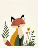 A stylized illustration of a fox with closed eyes, featuring a red and orange body, surrounded by simple green leaves and colorful flowers on a light background.
