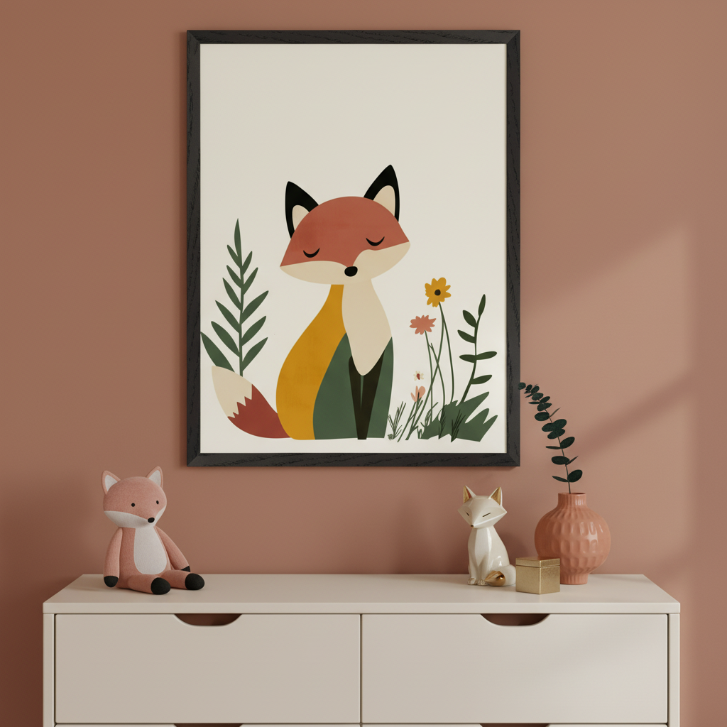 Framed artwork of a stylized fox with closed eyes, surrounded by simple leafy plants and flowers, hangs on a muted terracotta wall. Below, a dresser displays a plush fox toy, a white ceramic fox figure, a ribbed terracotta vase with eucalyptus, and a small gold box, all creating a soft woodland-themed nursery decor.