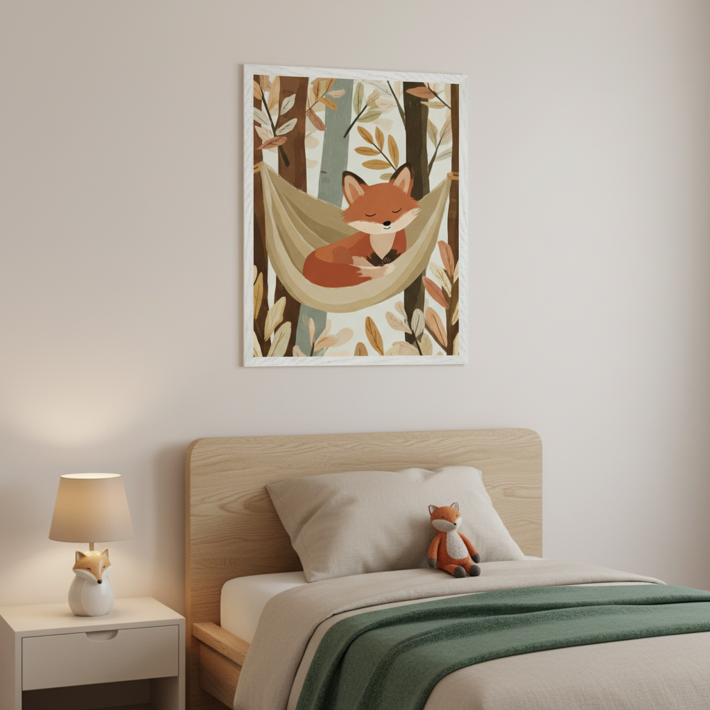 Kid's bedroom with a wooden bed, beige bedding, and a green throw blanket. A white nightstand, holding a fox-themed lamp, sits beside it. A framed illustration of a sleeping fox in a hammock among autumn trees hangs above the bed.