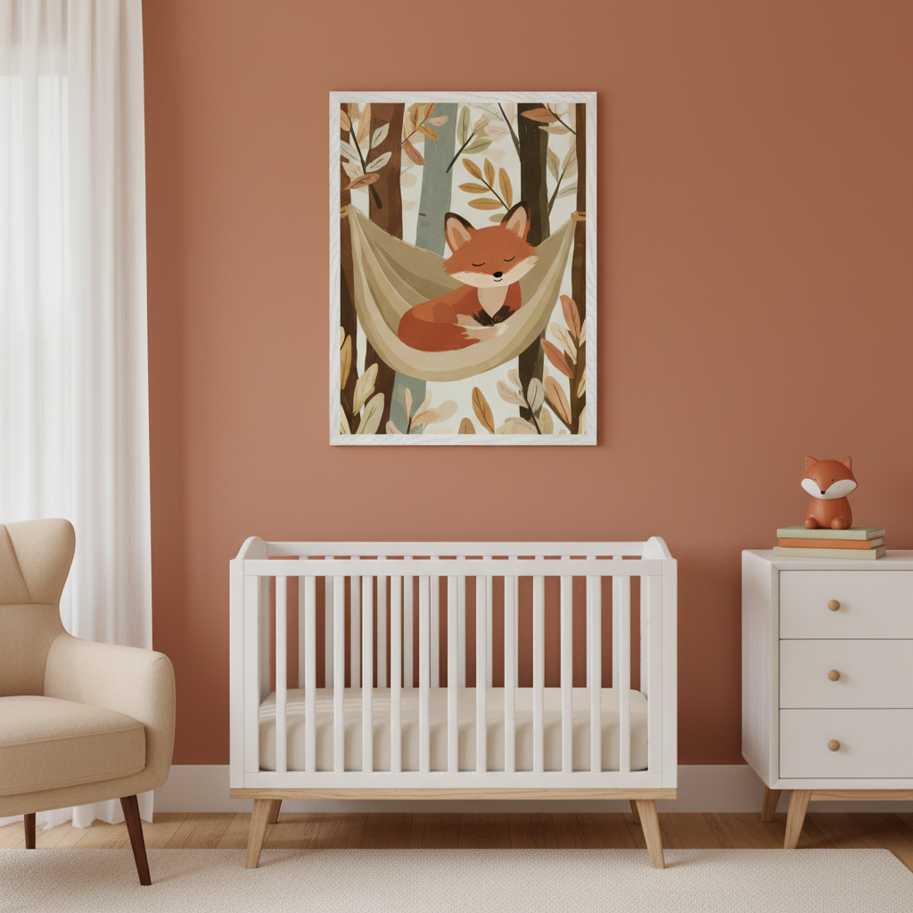 Modern nursery with a terracotta wall. An illustrative framed print of a sleeping fox in a hammock amidst trees hangs above a white crib. A cream armchair is on the left; a white dresser with a fox figurine is on the right.
