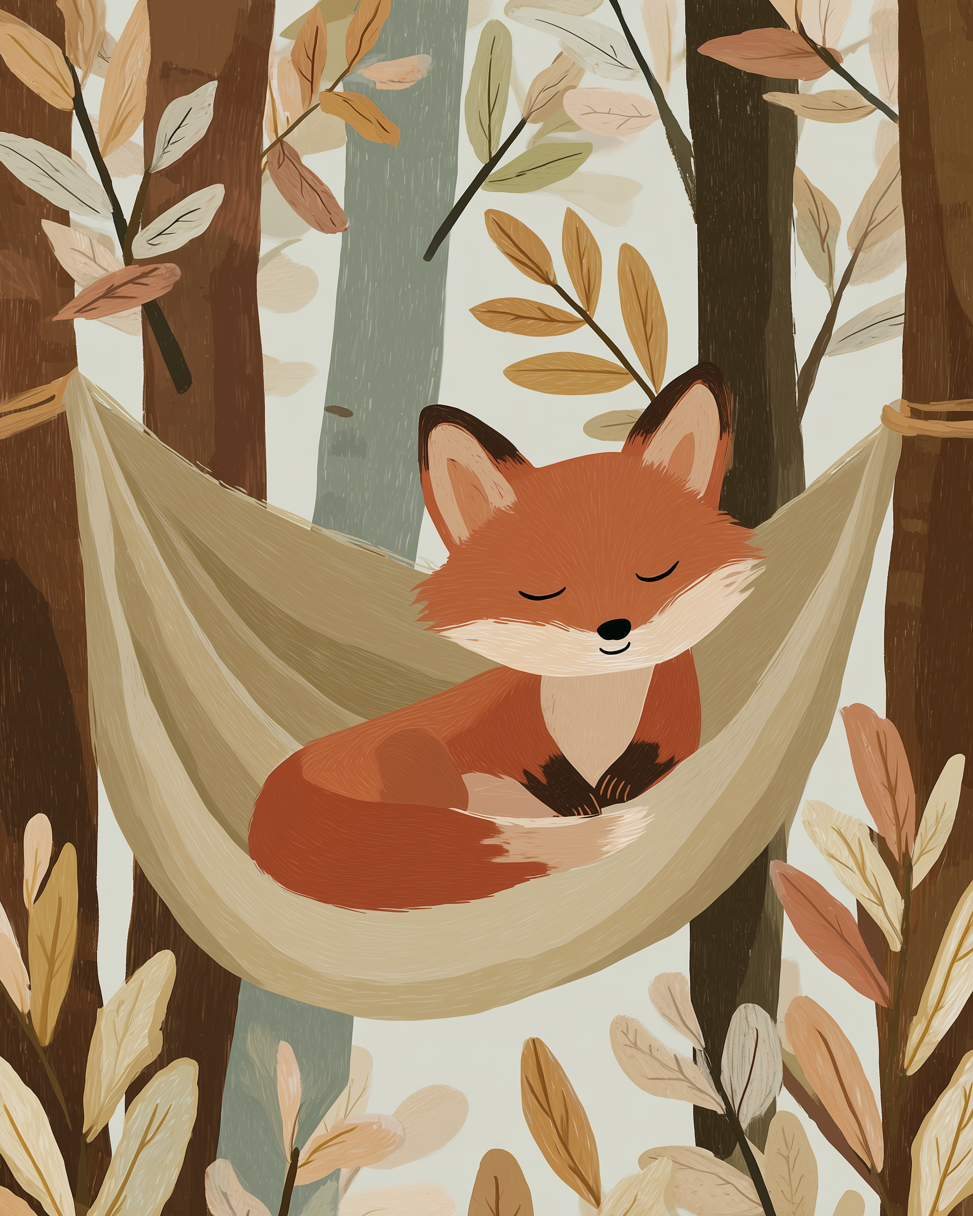 A cute fox with closed eyes is peacefully napping in a hammock strung between trees. The scene is surrounded by soft, earthy-toned leaves and branches, creating a cozy forest atmosphere.