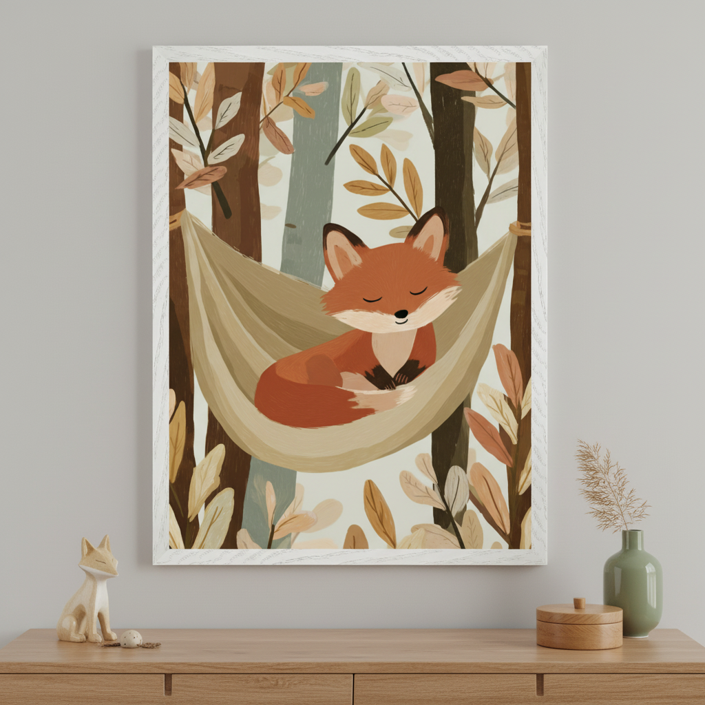 Framed illustration of a sleeping fox curled up in a beige hammock, hanging between trees with muted autumn leaves in soft tones. The artwork is displayed above a wooden dresser, decorated with a ceramic fox figurine and minimalist home decor.